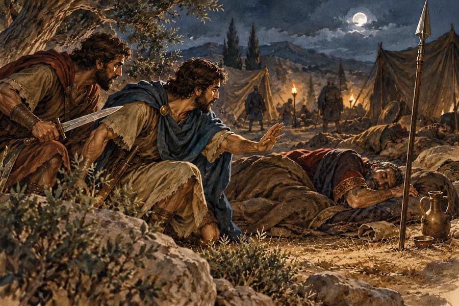 David îl oprește pe Abișai în tabăra lui Saul, 1 Samuel 26: ilustrație despre folosirea responsabilă a autorității și refuzul răzbunării.